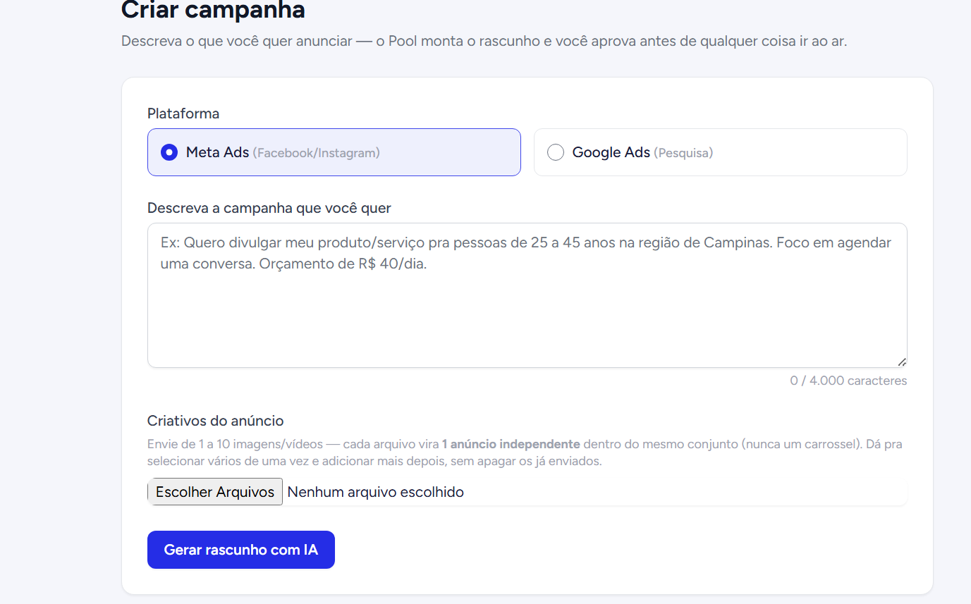 Criação de campanha — tela real do Pool