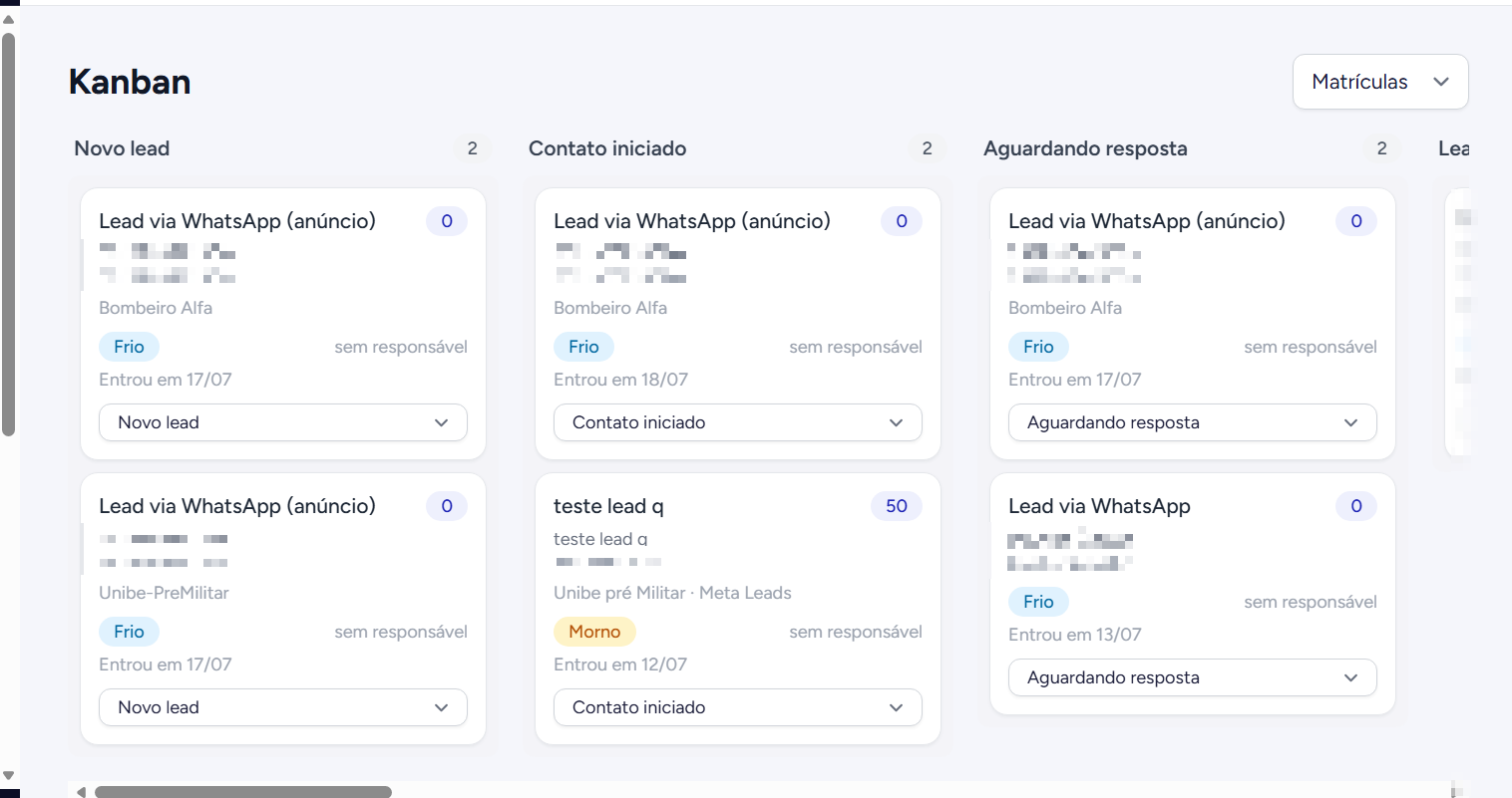 Kanban de leads do Pool, com colunas por etapa do funil